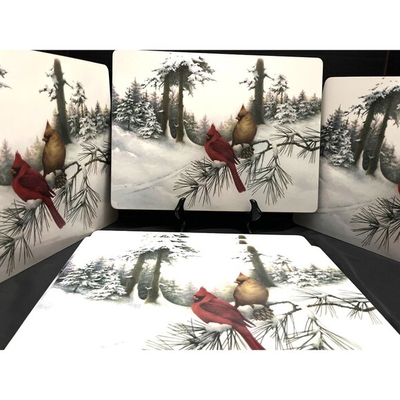 Cardinal Winter Scene Hardboard Placemats  Set of 6 Cork backing Wipe Clean - Picture 1 of 5